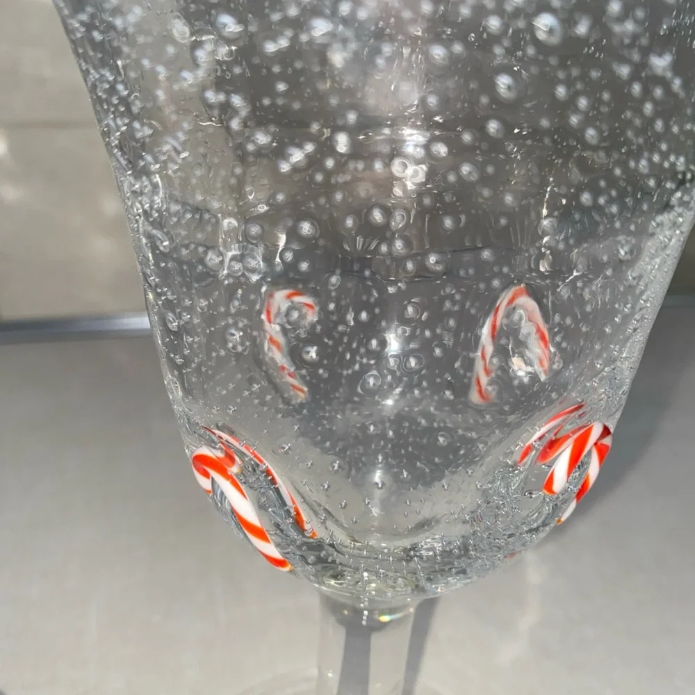 ARTLAND GOBLETS‎ Holiday Candy Canes Clear Seeded Bubble Hand-Blown Glass Set 2